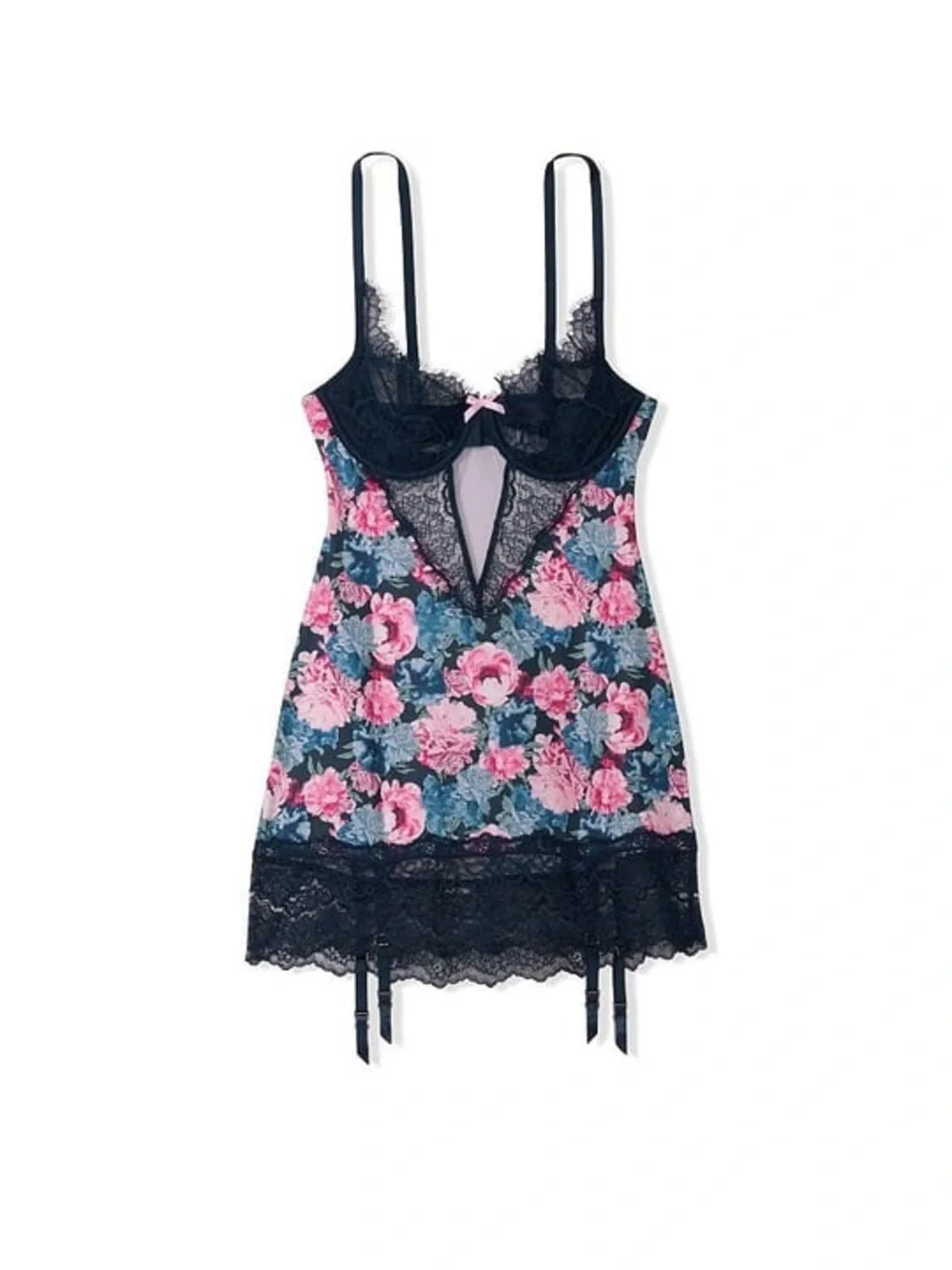 Victoria secret second skin Floral Lace Chemise with Garter Straps - Navy & Pink